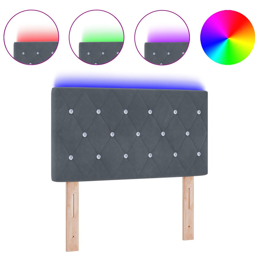 Hoofdbord LED en kristallen knopen 80 cm fluweel donkergrijs