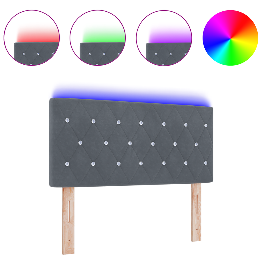 Hoofdbord LED en kristallen knopen 100 cm fluweel donkergrijs