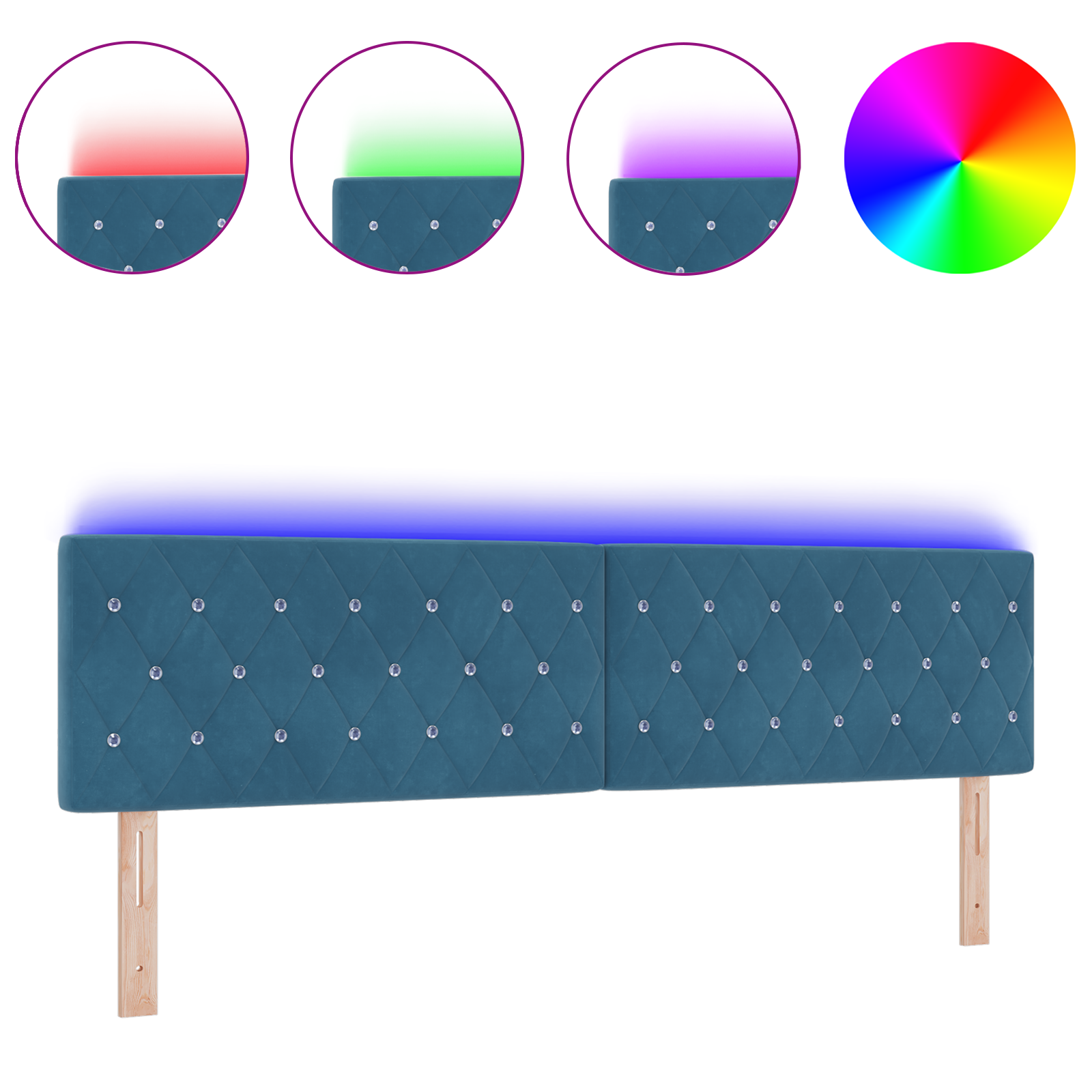 Hoofdbord LED en kristallen knopen 90 cm fluweel donkerblauw