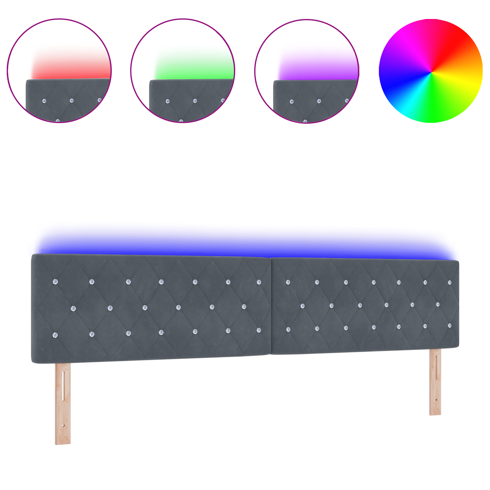 Hoofdbord LED en kristallen knopen 100 cm fluweel donkergrijs