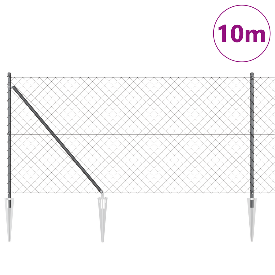 Kettingschakelscherm met 7 Spike palen 1x10 m Gegalvaniseerd staal