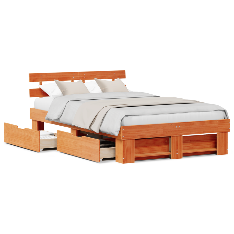 Bedframe met lades Gewaxte Bruin 135x190 cm Massief Grenenhout