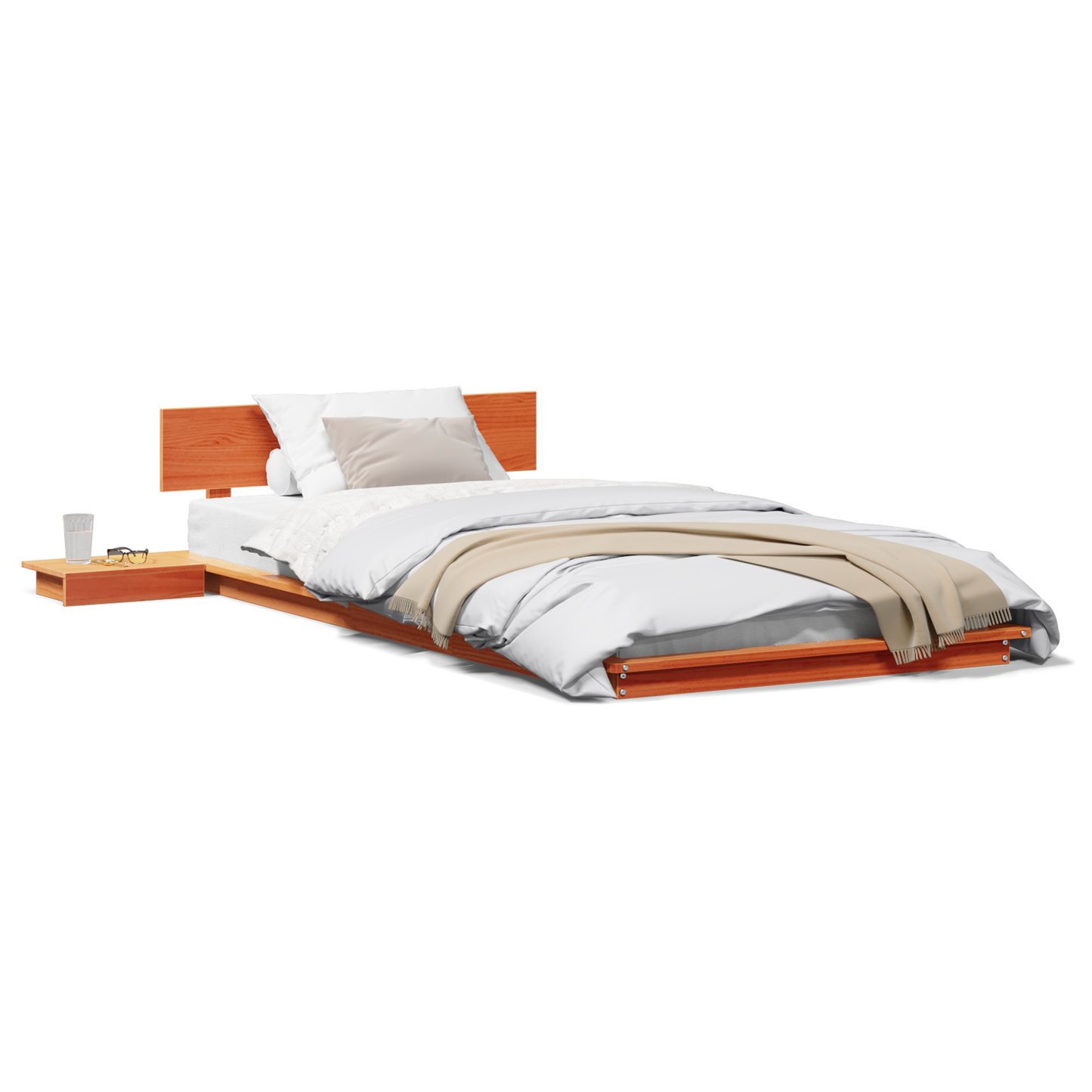 Vloerbedframe met Nachtkastjes, Wax Bruin, 100x200 cm, Massief Hout