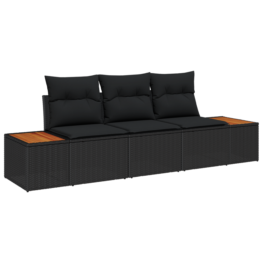 3-delige Tuin Sofa Set met Kussens Zwart Poly Rattan Acacia