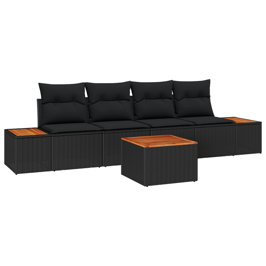 5-delige tuinset met kussens - zwart poly rattan en acaciahout