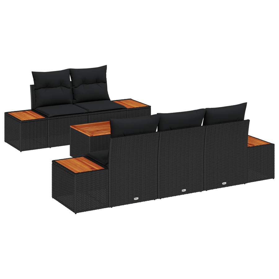6-delige lounge set met kussens zwart poly rattan acacia