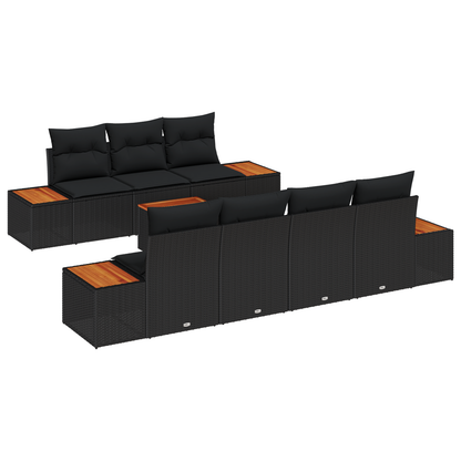 8-delige tuinset met kussens zwart poly rattan acacia