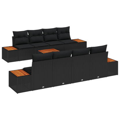 9-delige tuinset met kussens zwart poly rattan en acaciahout