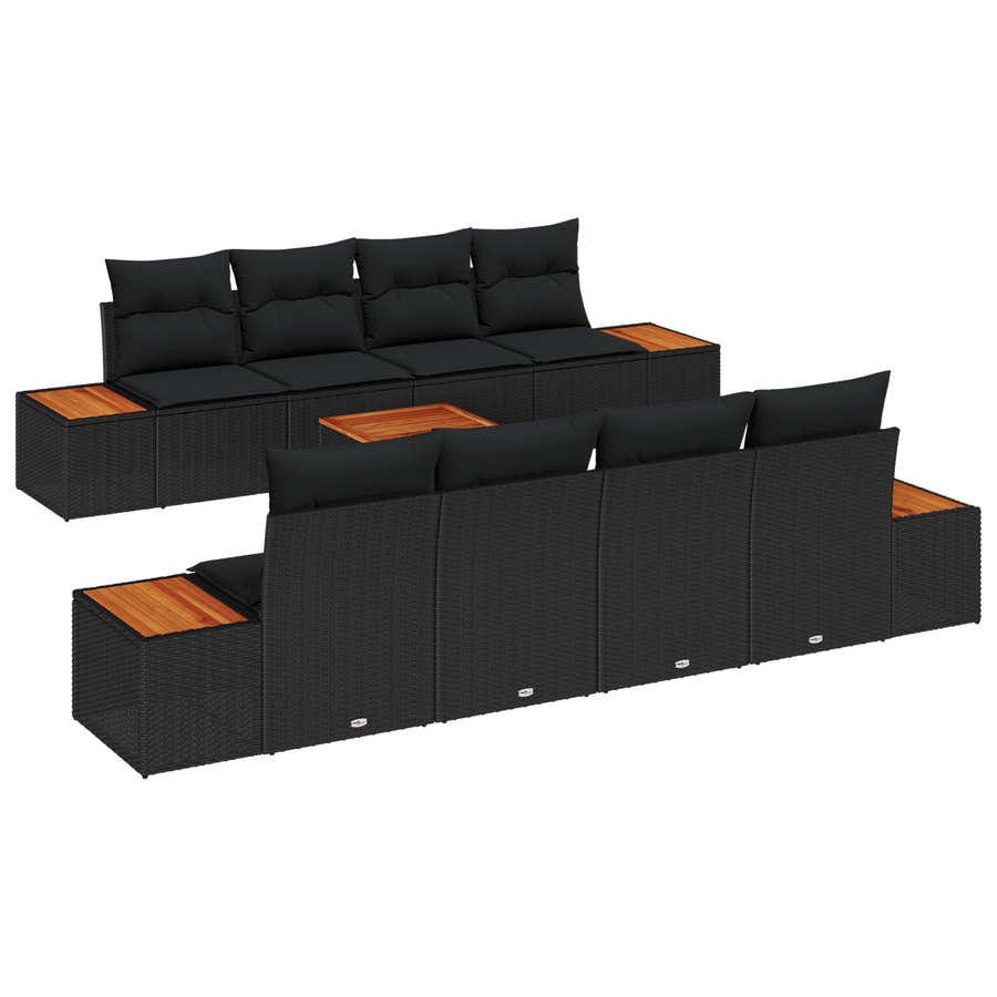 9-delige tuinset met kussens zwart poly rattan en acaciahout