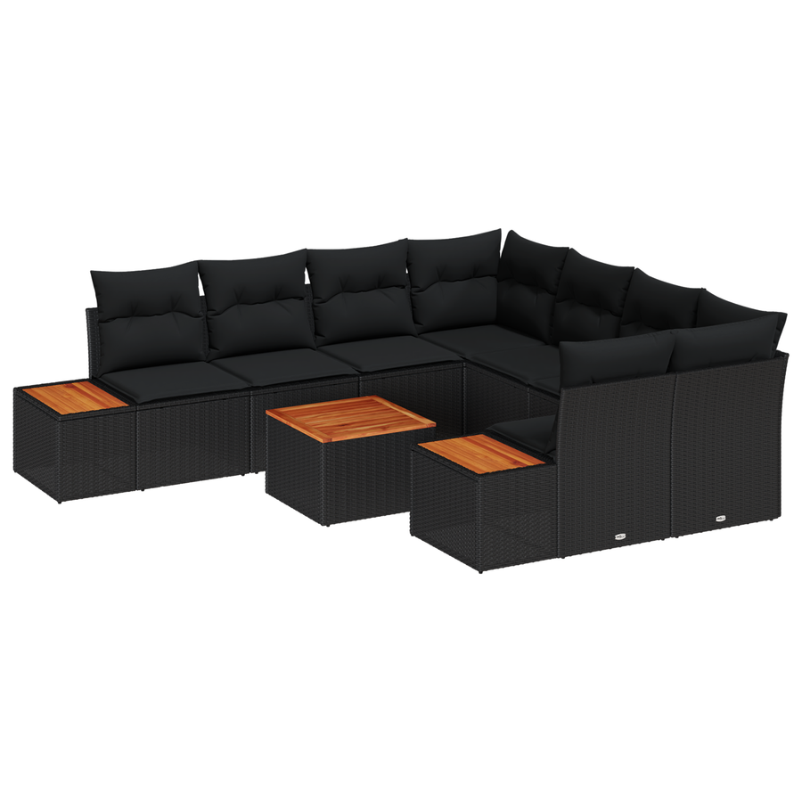 9-delige tuinset met kussens - zwart poly rattan en acacia