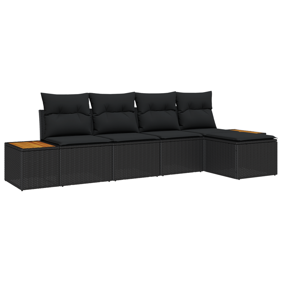 5-delige tuinbank set met kussens zwart poly riet acacia