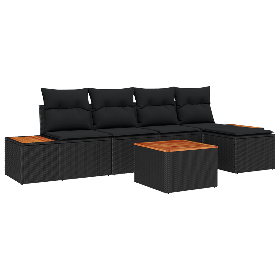 6-delige tuinbankset met kussens - zwart poly rattan, acaciahout