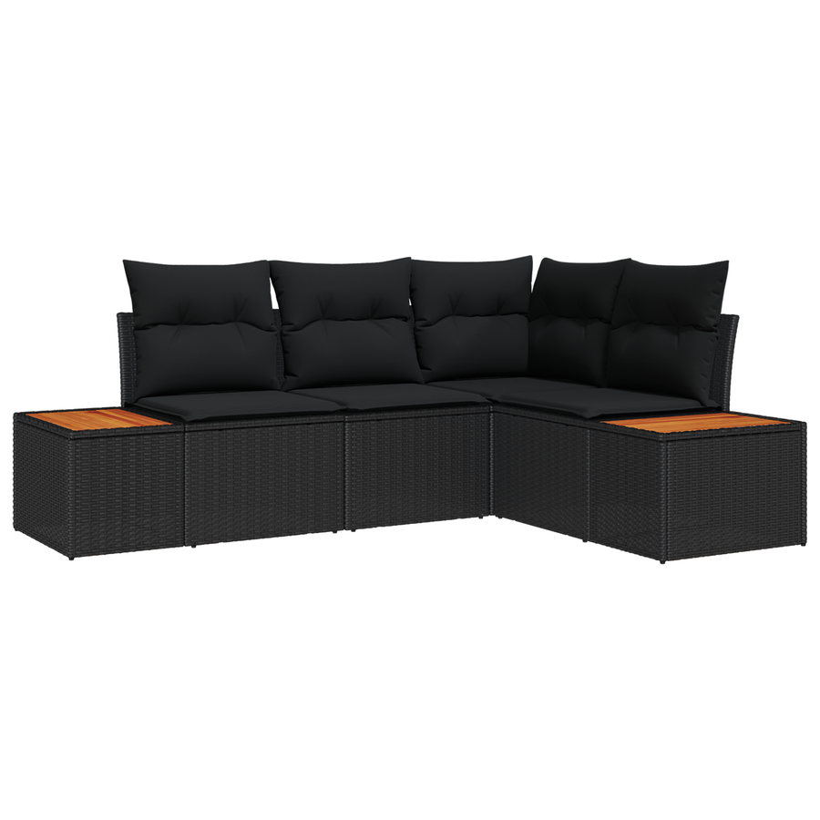 4-delige tuinbankset met kussens - zwart poly rattan en acacia