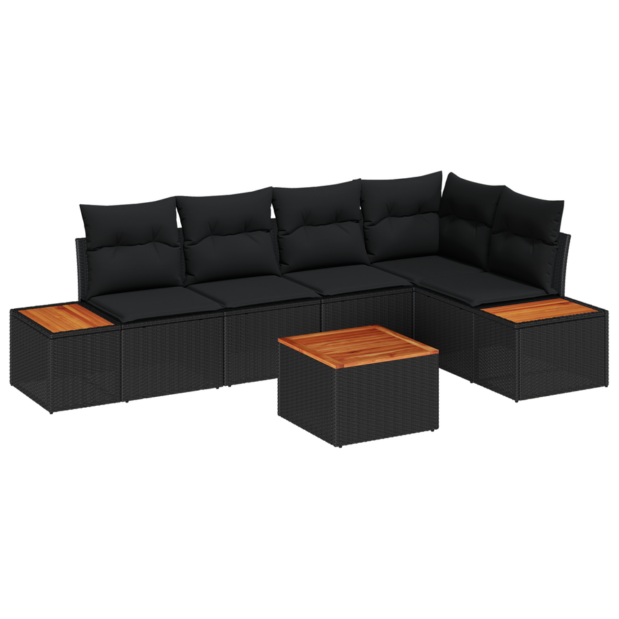 6-delige tuinbankset met kussens zwart poly rattan acacia