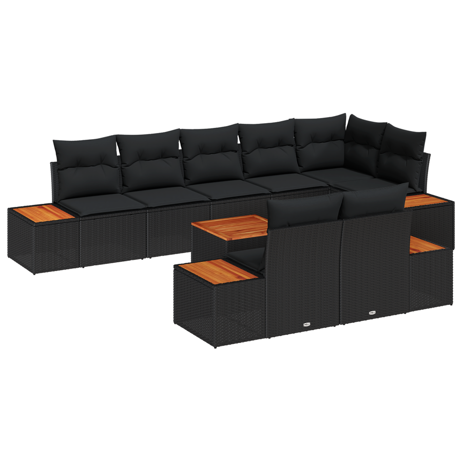 9-delige tuinmeubelset met kussens zwart poly rattan acacia
