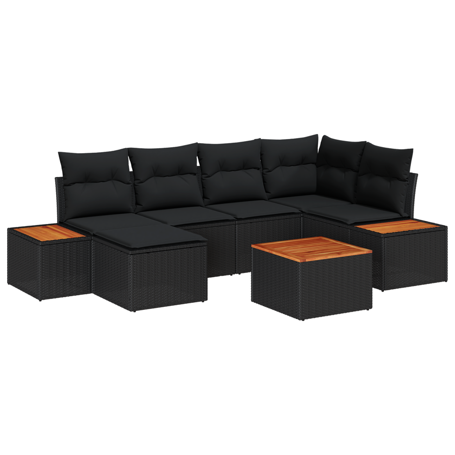 7-delige tuinset met kussens - zwart poly rattan, acacia