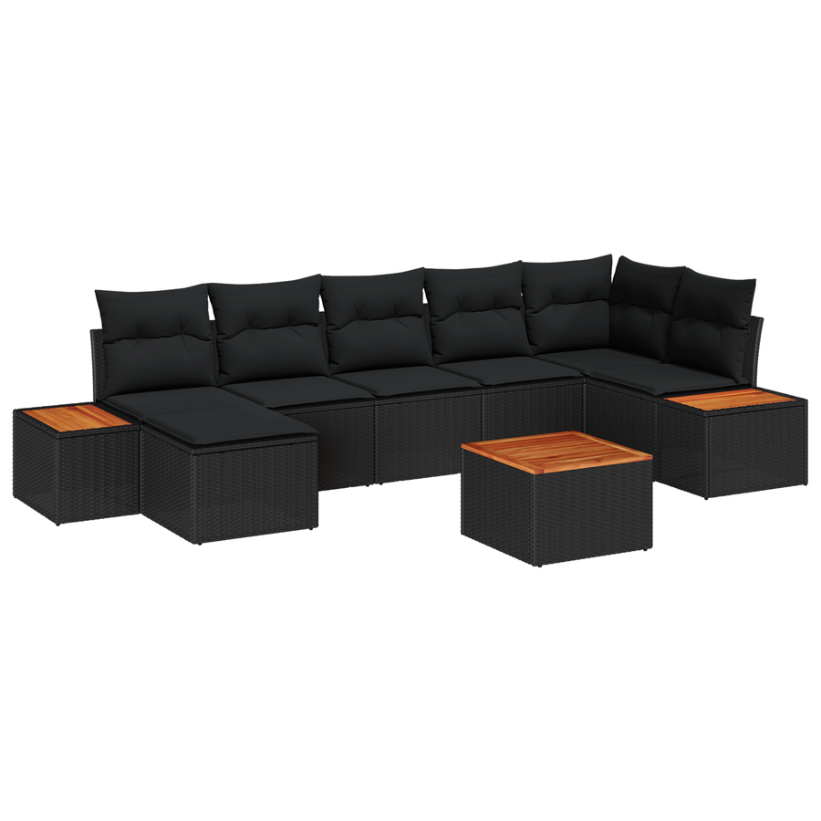 8-delige tuinset met kussens in zwart poly rattan en acaciahout