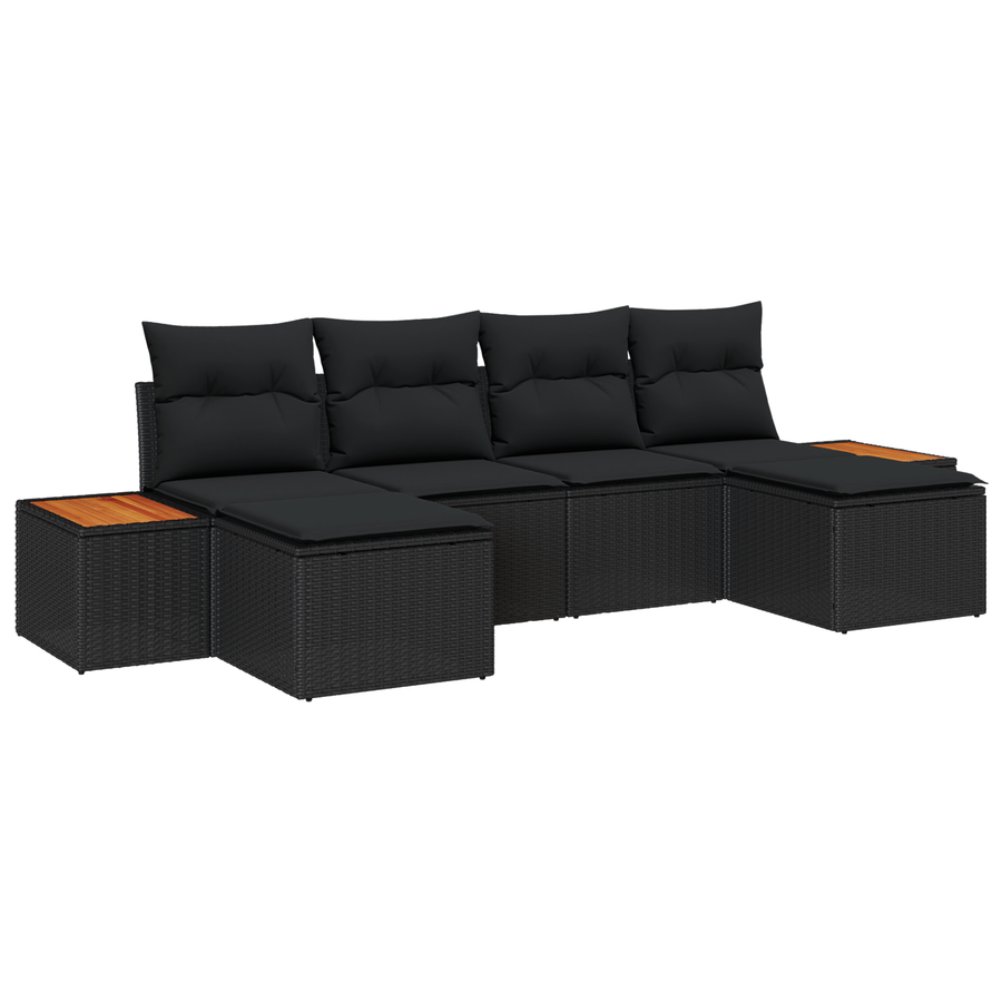 6-delige tuinsofa set met kussens - zwart poly rattan, acacia