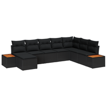 8-delige tuinset met kussens van zwart poly rattan en acacia