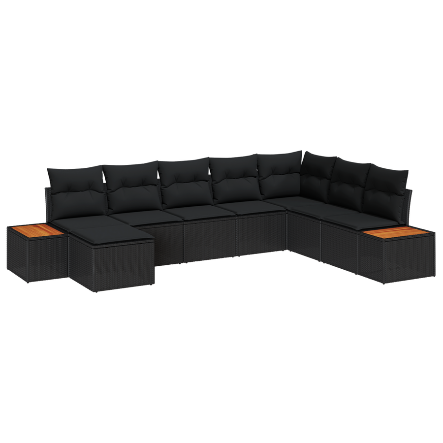 8-delige tuinset met kussens van zwart poly rattan en acacia