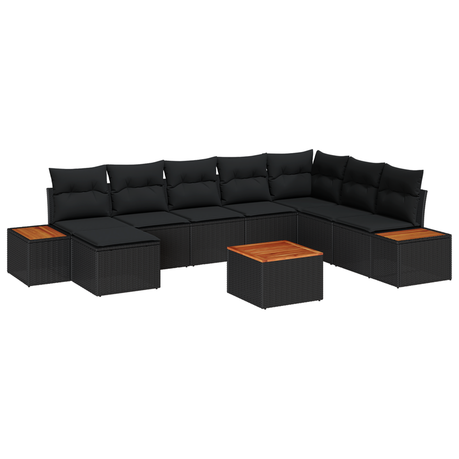 9-delige tuinbankset met kussens zwart poly rattan acacia