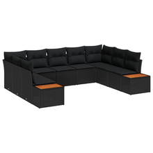 9-delige tuinbank set met kussens - zwart poly rattan en acacia