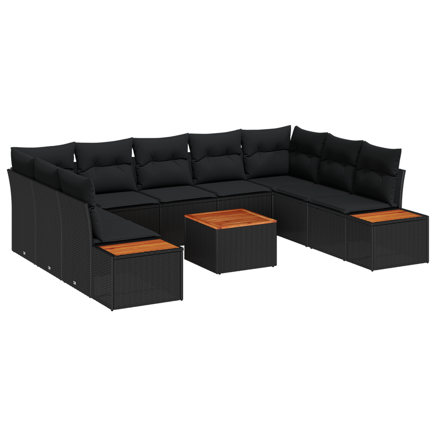 10-delige tuinset met kussens zwart poly rattan acacia