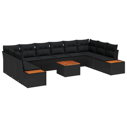11-delige tuinsofa set met kussens zwart poly rattan acacia