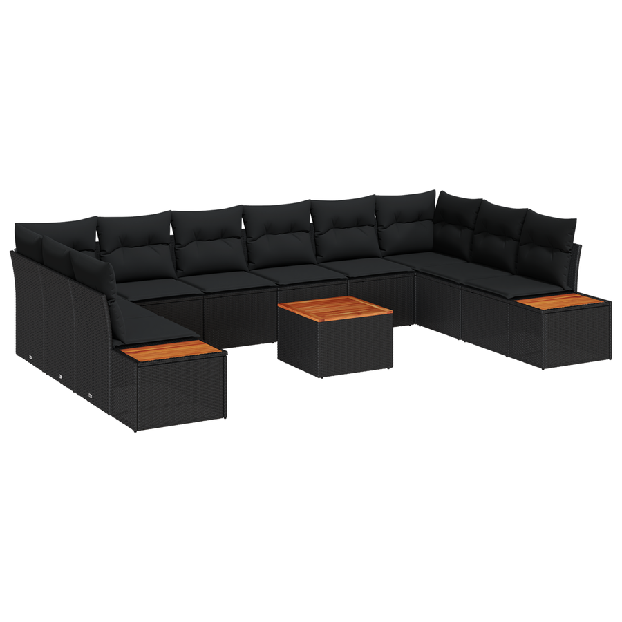 11-delige tuinsofa set met kussens zwart poly rattan acacia