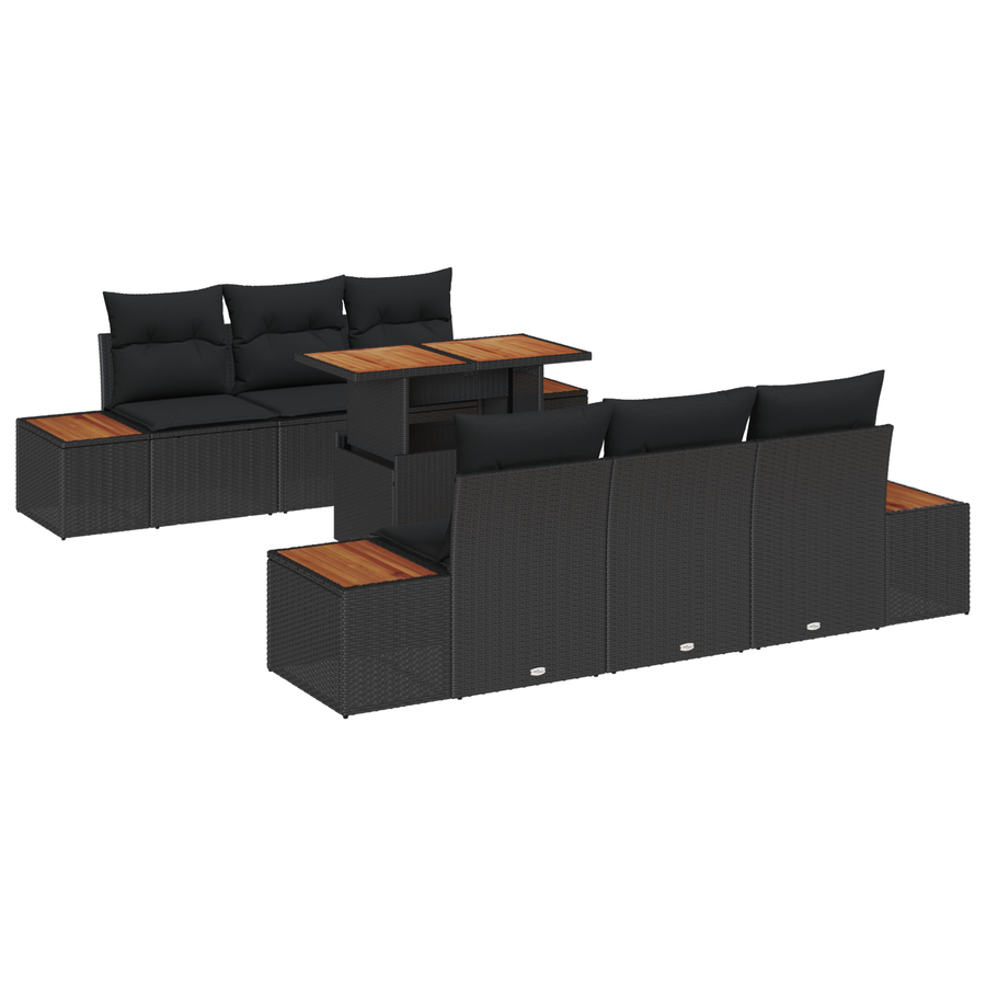 7-delige tuinset met kussens zwart poly rattan acacia