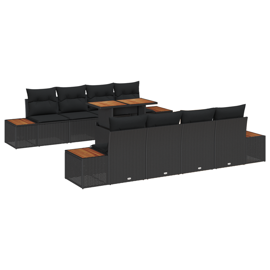 9-delige tuinset met kussens - Zwart poly rattan Acacia