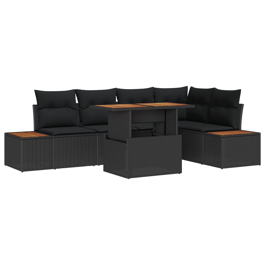 6-delige tuinset met kussens - zwart poly rattan en acacia