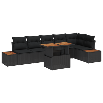 7-delige tuinset met kussens in zwart poly rattan en acacia