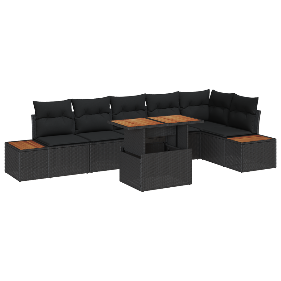 7-delige tuinset met kussens in zwart poly rattan en acacia