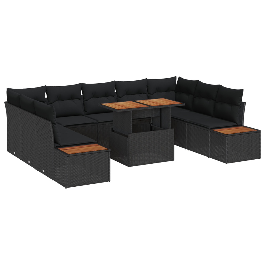 10-delige tuinset met kussens zwart poly rattan en acacia