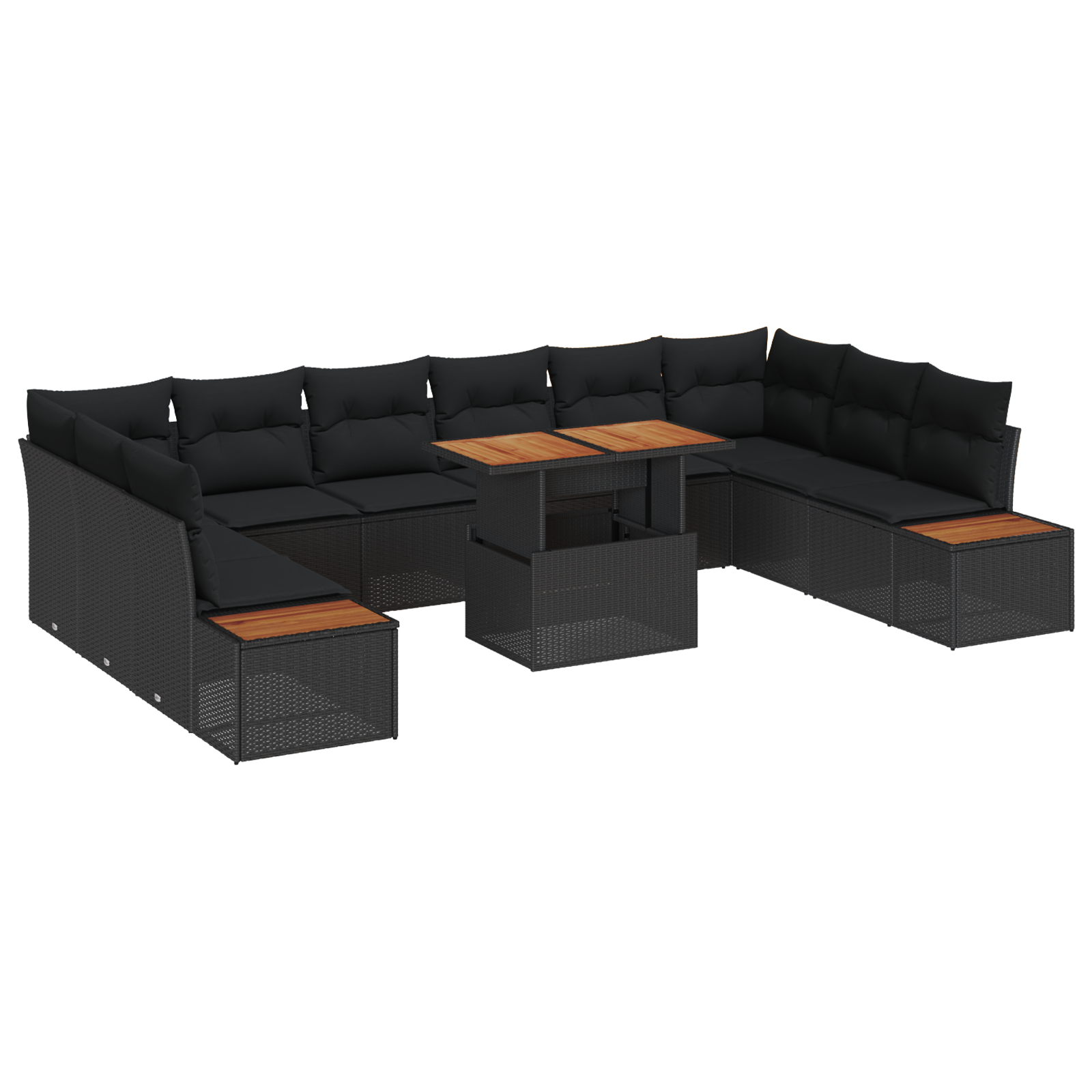 11-delige tuinset met kussens in zwart poly rattan en acacia