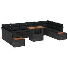11-delige tuinset met kussens in zwart poly rattan en acacia