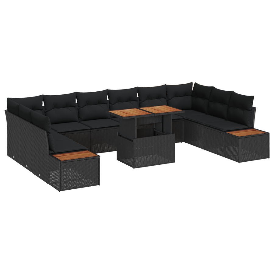 11-delige tuinset met kussens in zwart poly rattan en acacia
