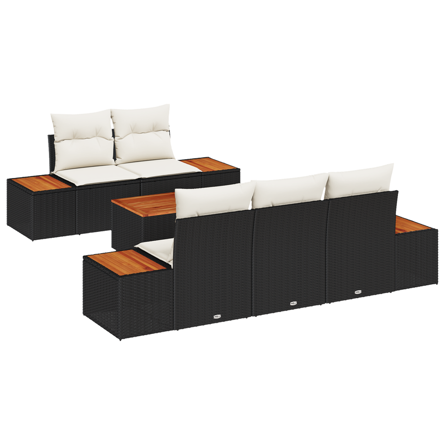 6-delige tuinsofa-set met kussens zwart poly rattan acacia