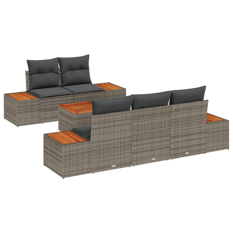 6-delige tuinset met kussens - grijs poly rattan en acacia