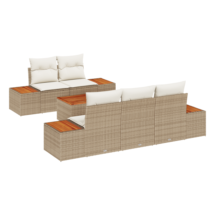 6-delige Tuinset met Kussens in Beige Poly Rattan en Acacia