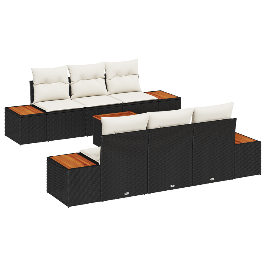 7-delige tuinset met kussens - zwart poly rattan en acacia