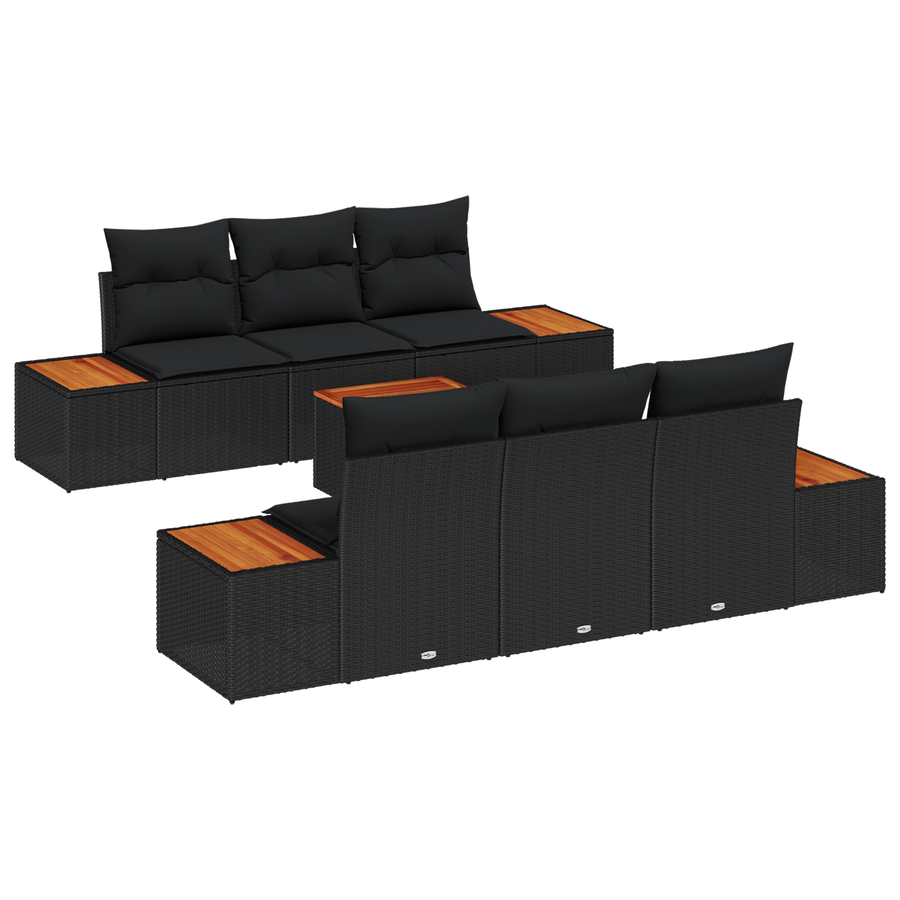 7-delige tuinset met kussens in zwart poly rattan en acacia