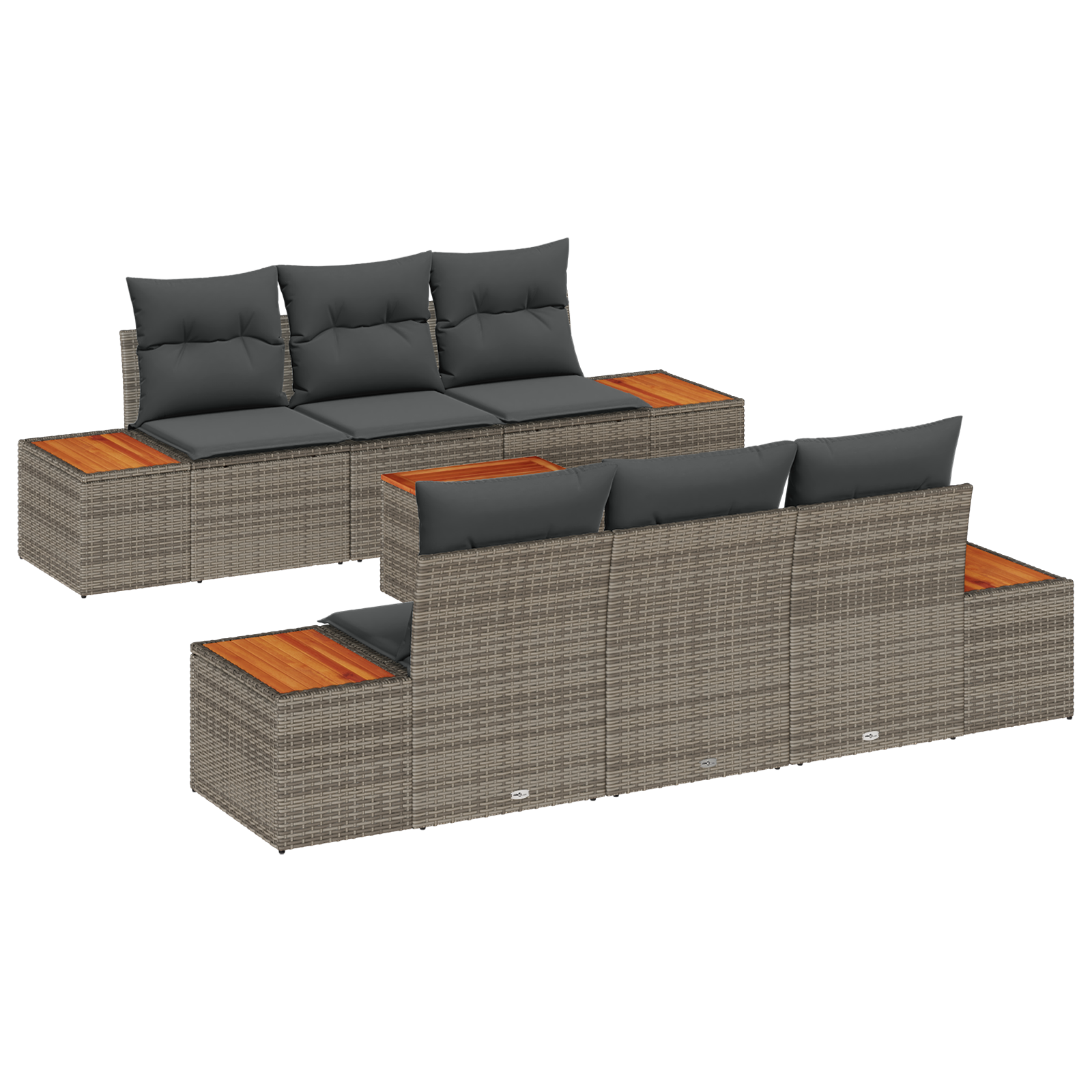 7-delige tuinbank set met kussens in grijs poly rattan en acaciahout