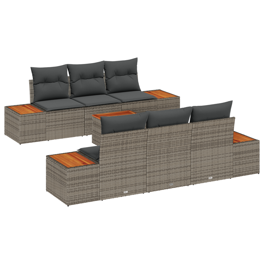 7-delige tuinbank set met kussens in grijs poly rattan en acaciahout