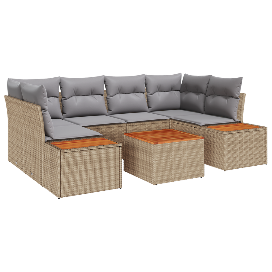 6-delige tuinset met kussens - beige poly riet en acacia