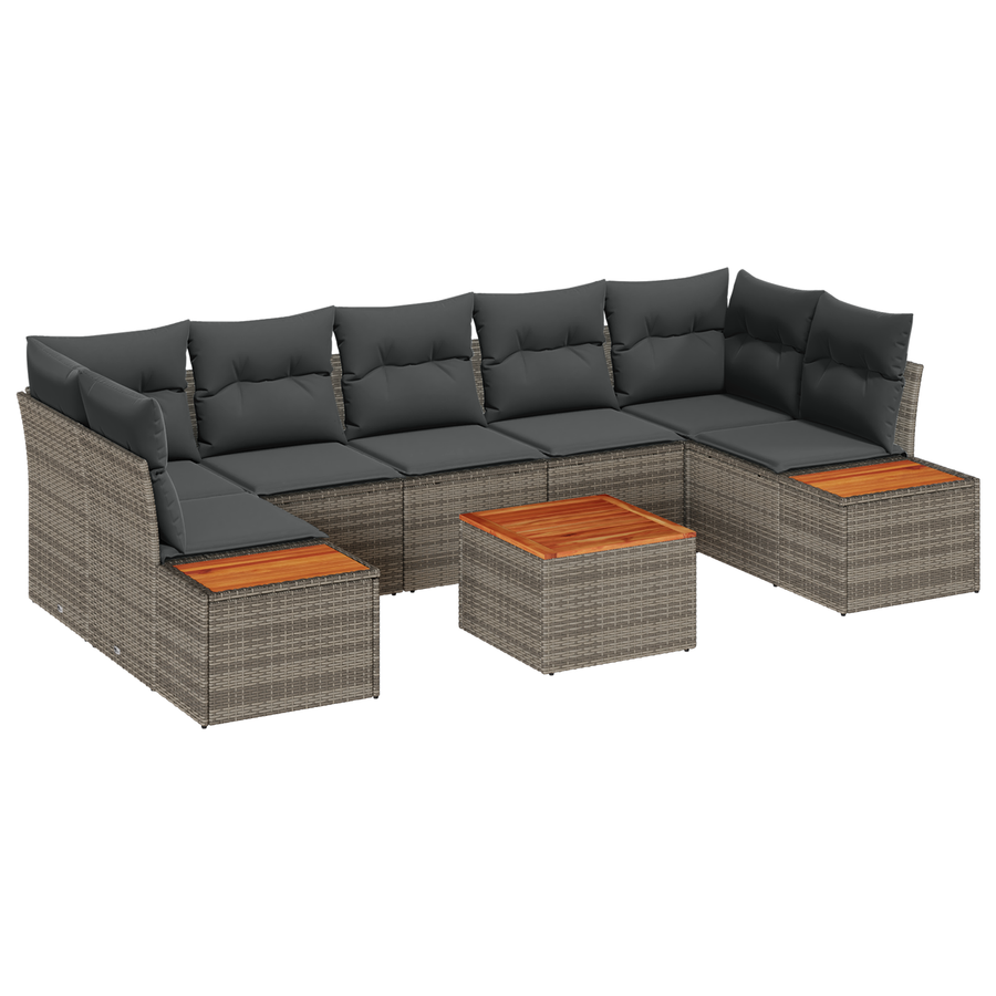 8-delige Tuinbankenset met kussens poly rattan acacia grijs