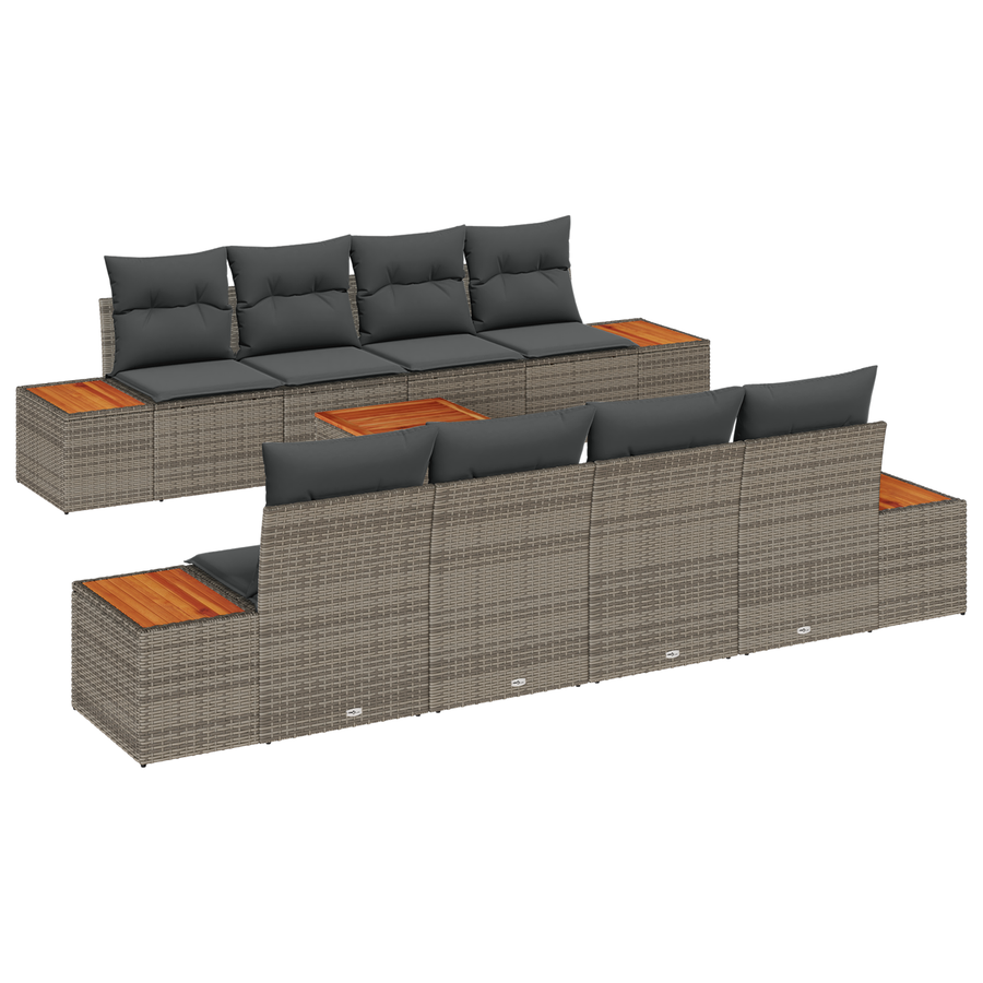 9-delige Tuinbankenset met kussens poly rattan acacia grijs