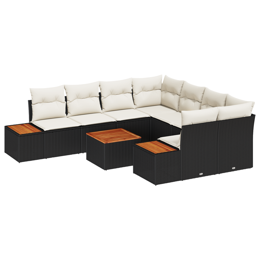 9-delige tuinmeubelset met kussens zwart poly rattan acacia