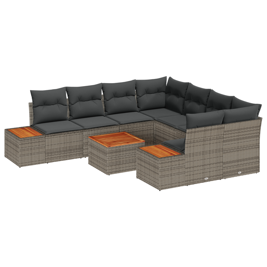 9-delige Tuinbankenset met kussens poly rattan acacia grijs